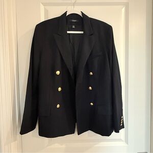 Women's Navy Wool Blazer Preppy Double-breasted with Gold Crest Buttons